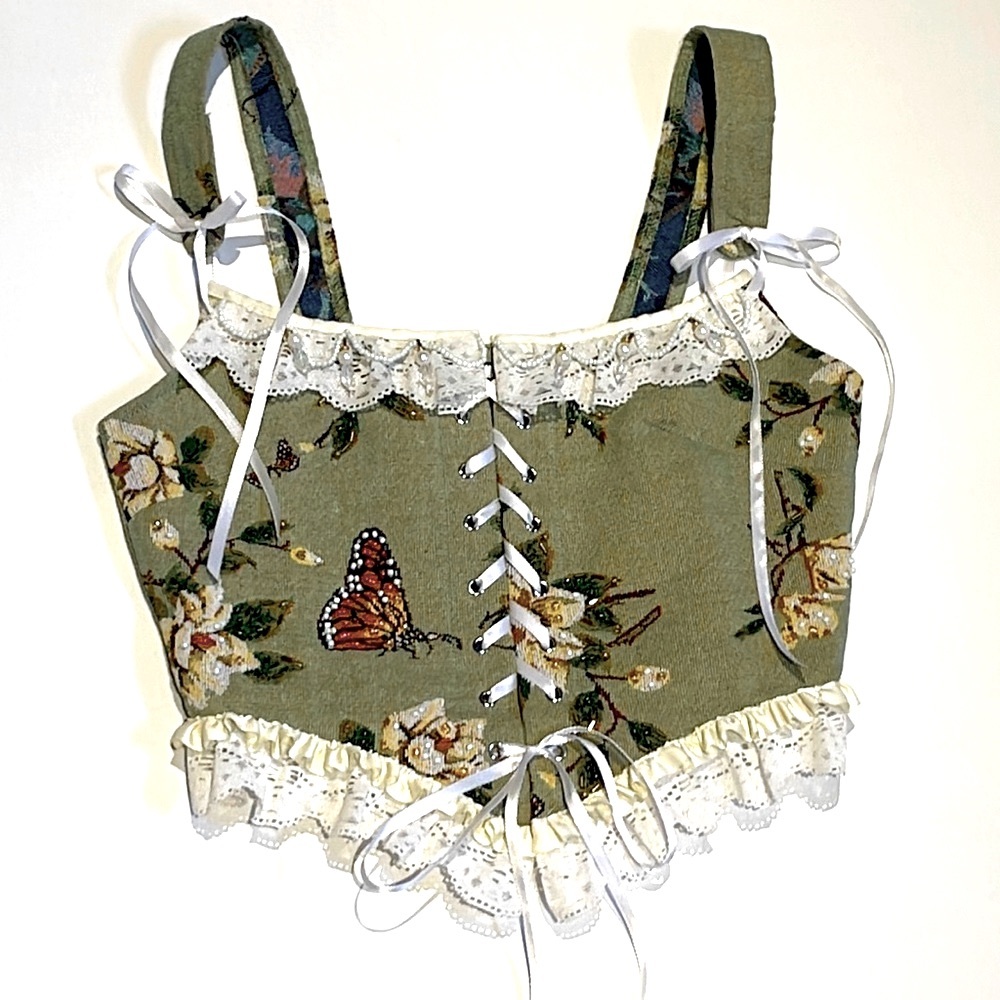 Floral Lace-Trim Cropped Tank Top in Olive Green